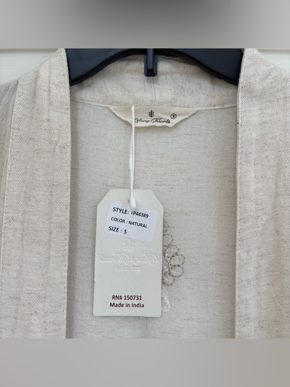 Young Threads Natural Denim Motif Embroidered Boho Long Shrug Kimono Duster NWT - Picture 3 of 9